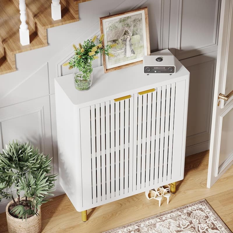 Wooden Shoe Cabinet with Shutter Doors, Adjustable Shelves Large Hidden Storage Organizer Rack for Entryway Hallway