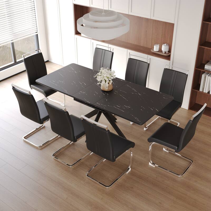 Minimalist Expandable Dining Table Set with 8 Black Leather Dining Chairs for Living Room Dining Room