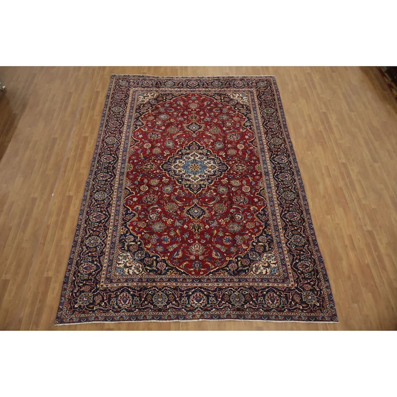 Hand Knotted Oriental 100% Wool Carpet Traditional Floral Red Kashan Area Rug - 12' 6'' X 8' 6''