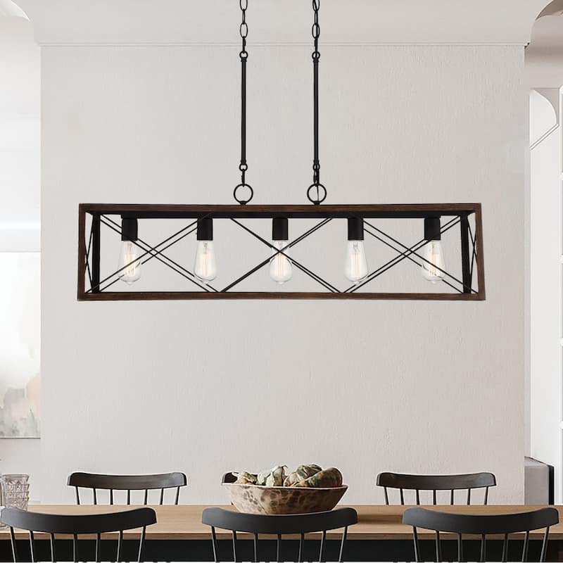 Kiro 5-light Farmhouse Linear Chandelier Faux Wood Dining Lighting with UL Certified - 36'' - Weathered Walnut