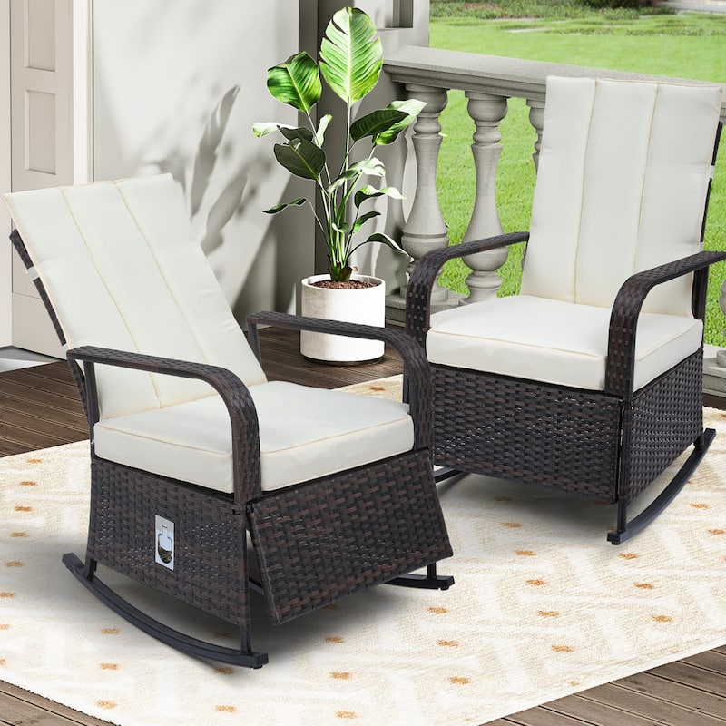 Outdoor Wicker Rocking Chair with Soft Cushions,Adjustment Back, Footrest