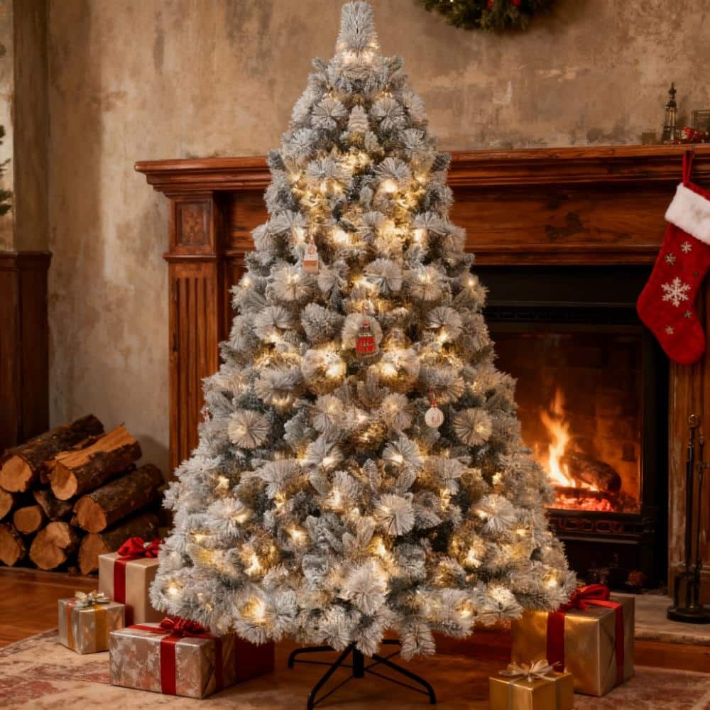 Christmas Tree,Flocked Artificial Christmas Tree with Clear Lights,Tips, Metal Stand for Holiday - Green