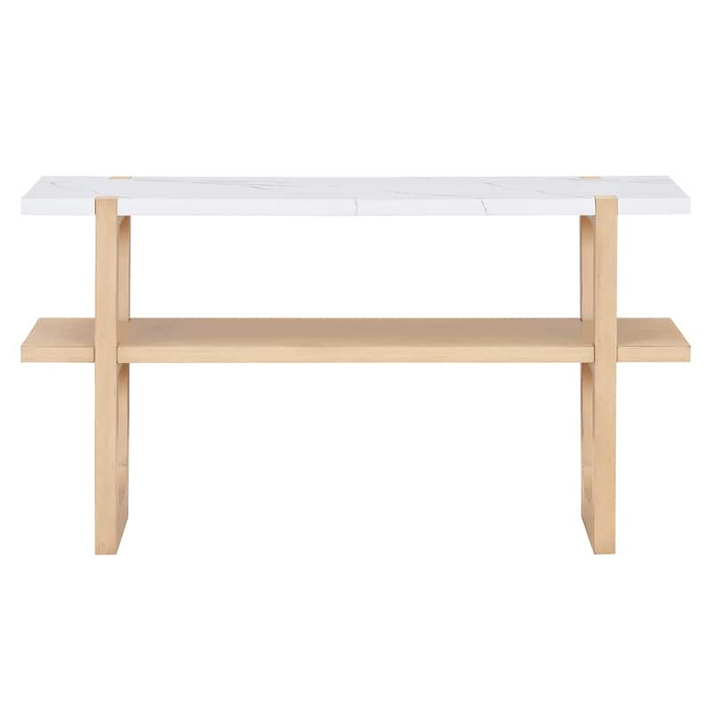 Retro Elegant Console Table with Marble-Effect Top & Versatile Storage