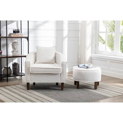 Linen/Polyester Upholstered Mid Century Barrel Chair with Ottoman
