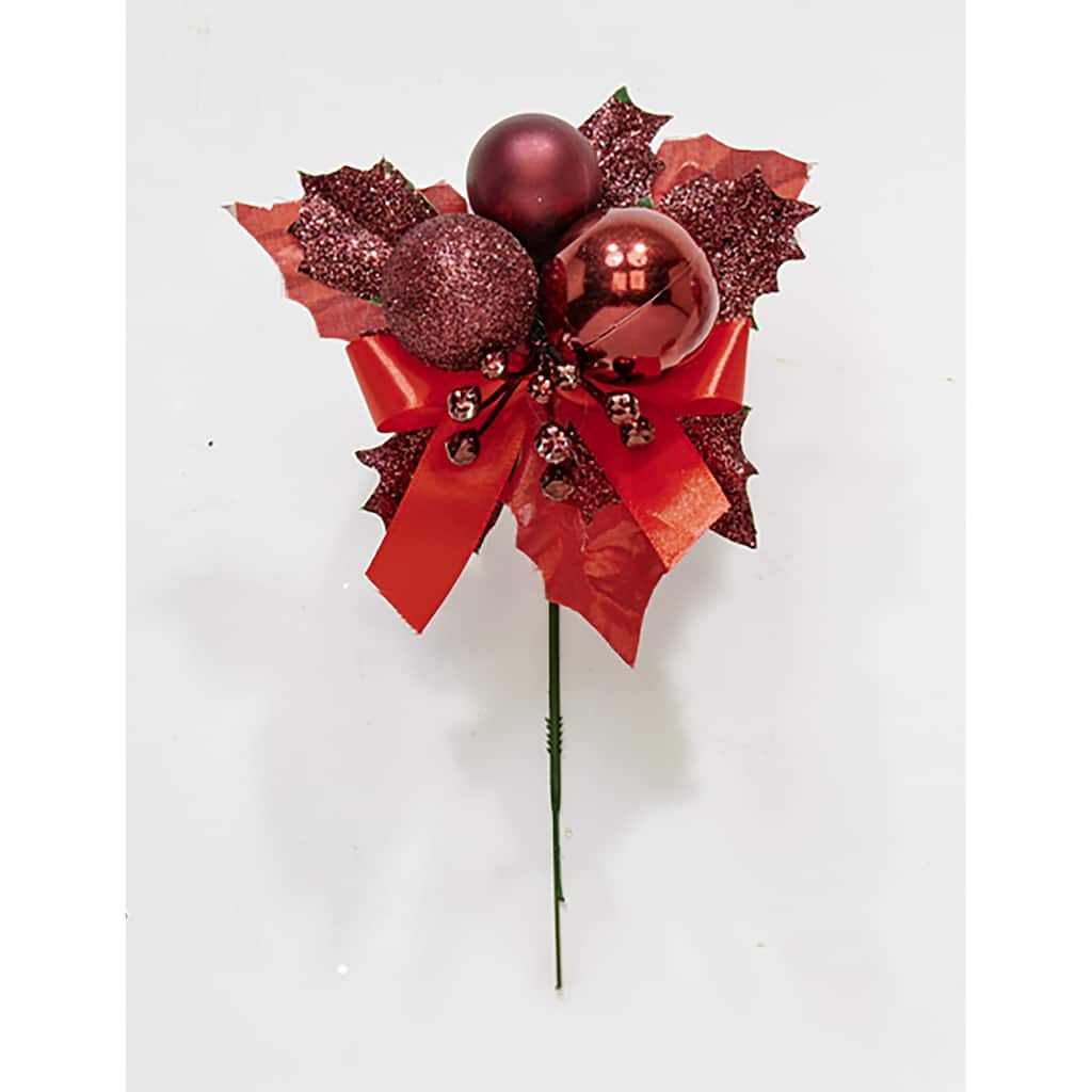 7" Christmas Ball Berry Leaves Pick, Burgundy, Set of 12 - 7