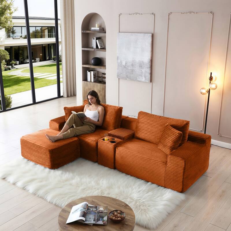 111" L-Shaped Corduroy Boneless Sectional Sofa with Ottoman