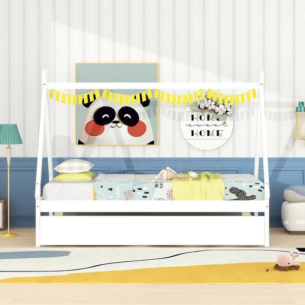 slide 2 of 9, Twin Size Montessori Bed with Trundle, Wood Tent Floor Bed Frame, Twin Kids Bed with Slat Support for Boys,Girls, Easy Assembly White - Twin