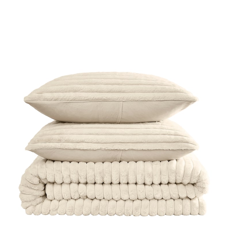 Frye Channel Faux Fur 3 Piece Comforter Set - Full - Queen - Ivory