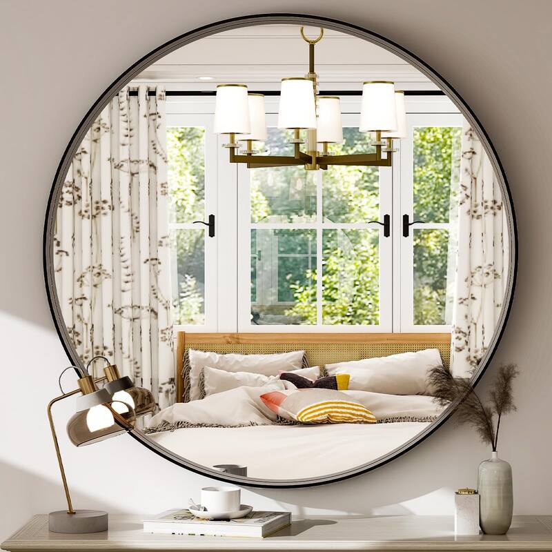 24 Inch Round Bathroom Mirror - Wall Mounted Circle Mirror with Metal Frame, Modern Mirror Suitable for Bathroom, Vanity - Black