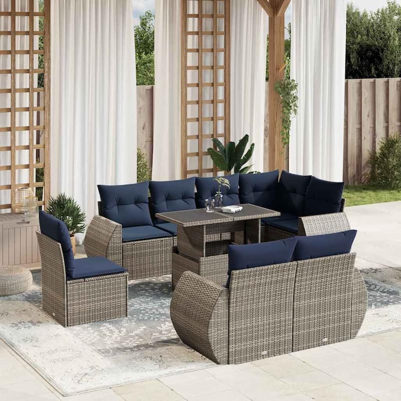 vidaXL Patio Sofa Set with Cushions and Table Outdoor 9 Piece Poly Rattan