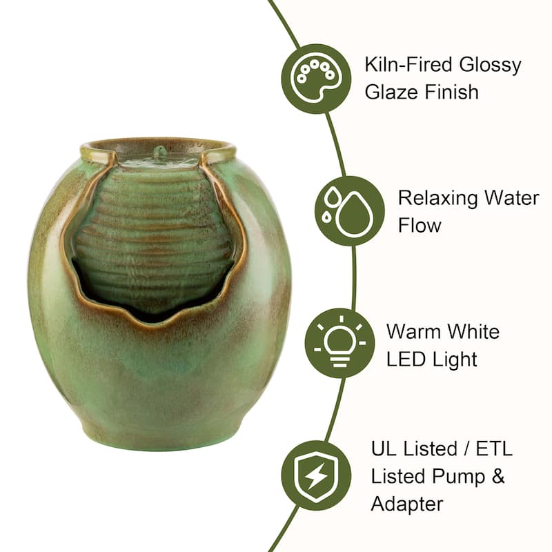 Glitzhome 9"H Leaf Textured Ceramic Jar Indoor Tabletop Water Fountain with LED Lights