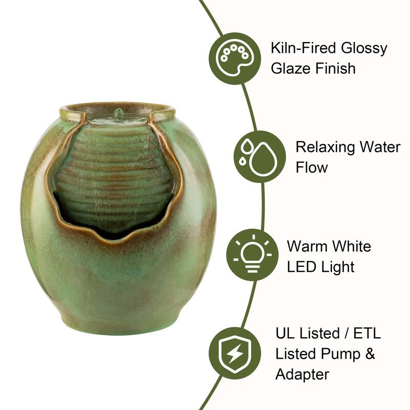 Glitzhome Leaf Textured Ceramic Jar Indoor Tabletop Water Fountain with LED Lights