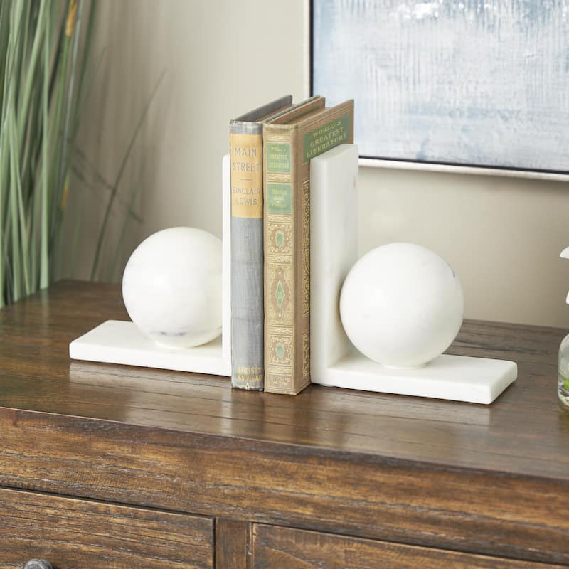 Marble Geometric Sleek Orb Decorative Bookends with L- Shaped Bases - Set of 2 White, Black, Gray - Roche River Decor