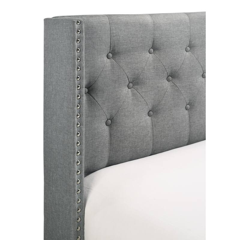 Twin Size Wingback Gray Polyester Fabric Button-tufted Nailhead Trim French Country Style Bed