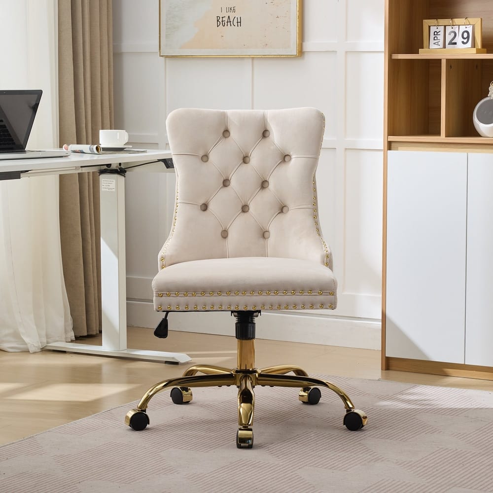 Roomfitters Velvet Tufted Office Chair, Adjustable Swivel Desk Chair with Gold Metal Base and Nailhead Trim