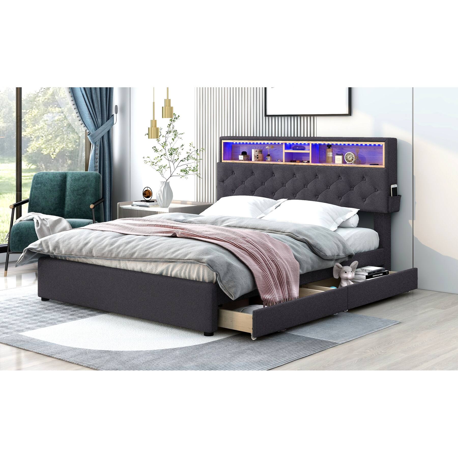 Queen Size Platform Bed, Upholstered Bed Frame with Storage Headboard ...