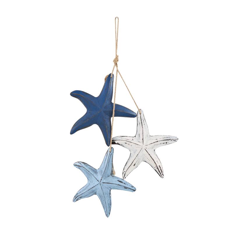 Blue Wooden Distressed Layered Starfish Home Wall Decor with Hanging Rope and Decorative Shell Accents