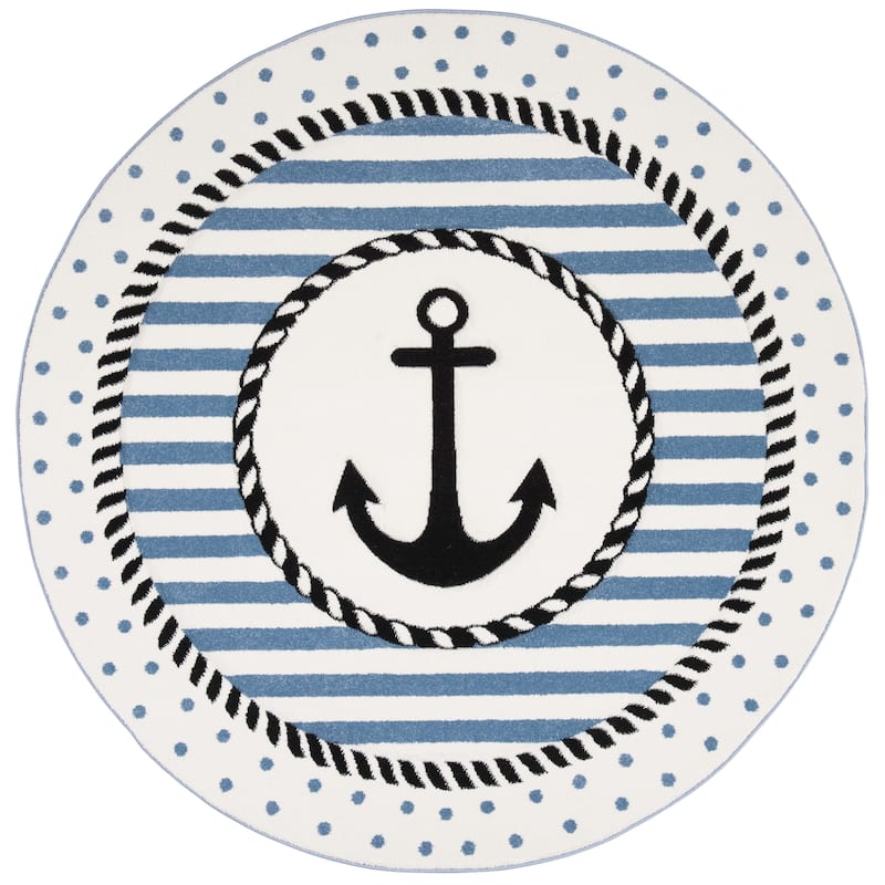 SAFAVIEH Carousel Kids Aftina Nautical Anchor Rug - 4' Round - Ivory/Navy - Round