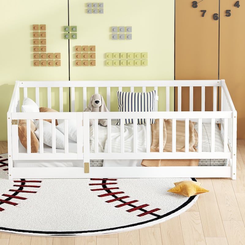 Twin Size Montessori Floor Bed with Fence & Door, Wooden Low Profile Kids Bed with Slats, White