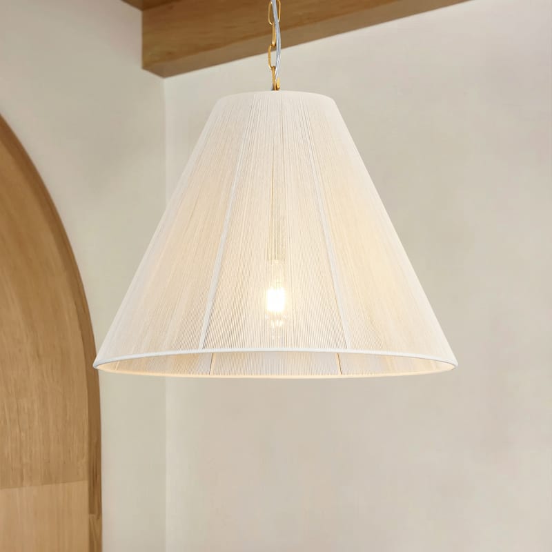 1-Light Brushed Gold Transitional Fabric Shade Cone Pendant Light with Adjustable Chain for Living & Dining Rooms