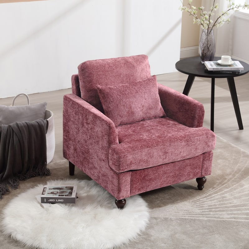 Chenille Fabric Accent Chair, Tufted Upholstered Living Room Chair, Lounge Armchair with Solid Wood Frame & Pillows