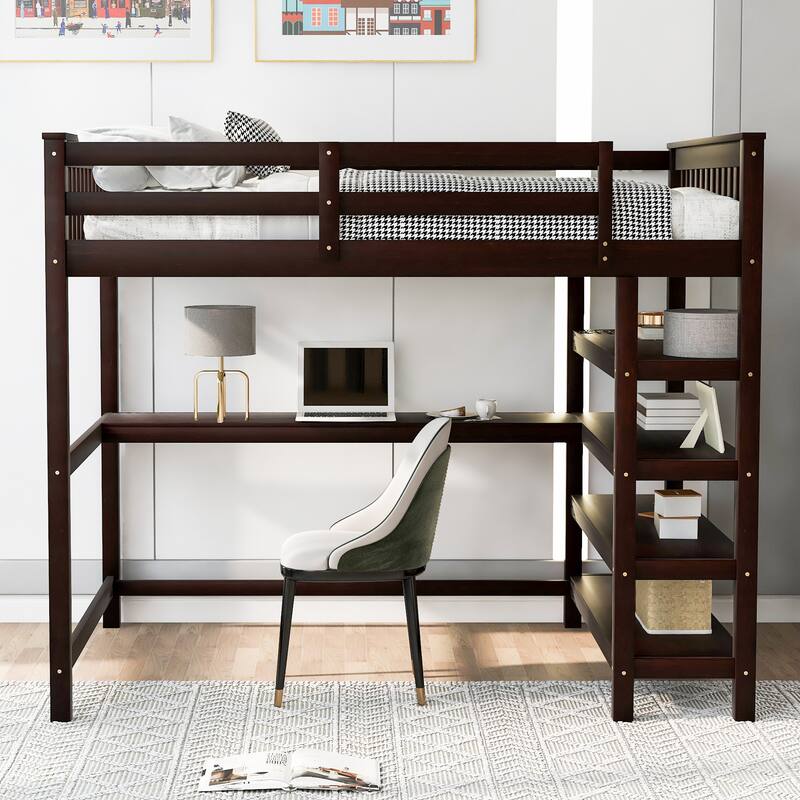 Full/Twin Loft Bed with Integrated Desk and Shelves, Space-Saving Wooden Frame, Durable Pine Wood and MDF, Guardrails Included