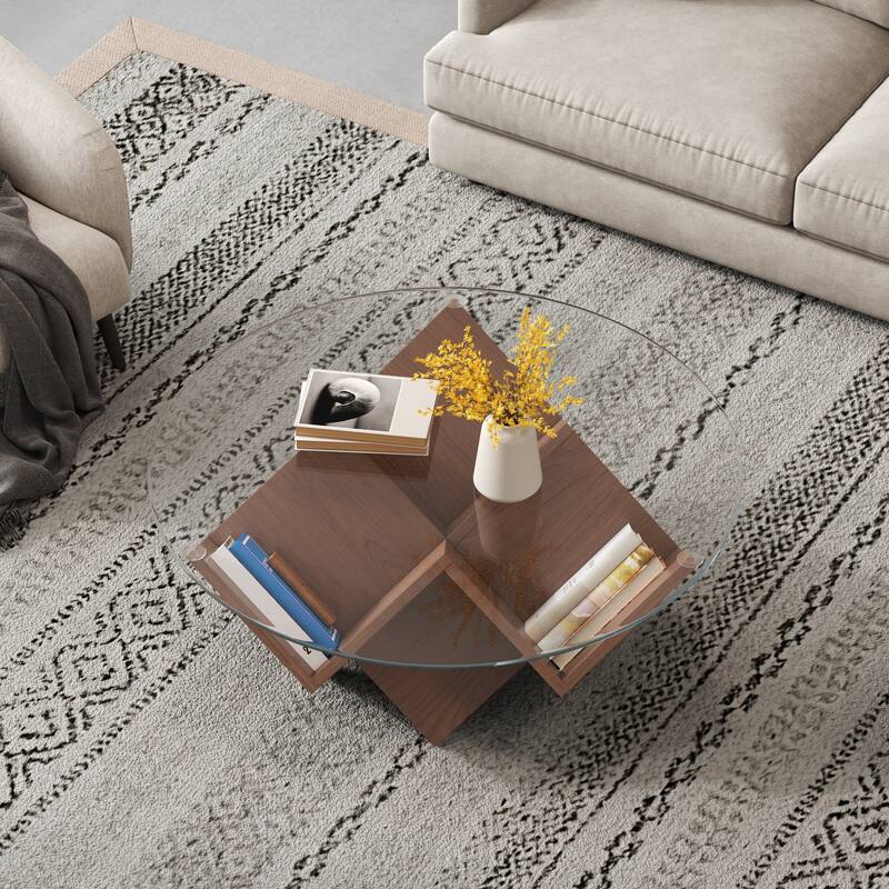 The Round Coffee Table with Glass Top and Geometric Abstract Art Deco Base Storage Shelves, Walnut, 35.4"