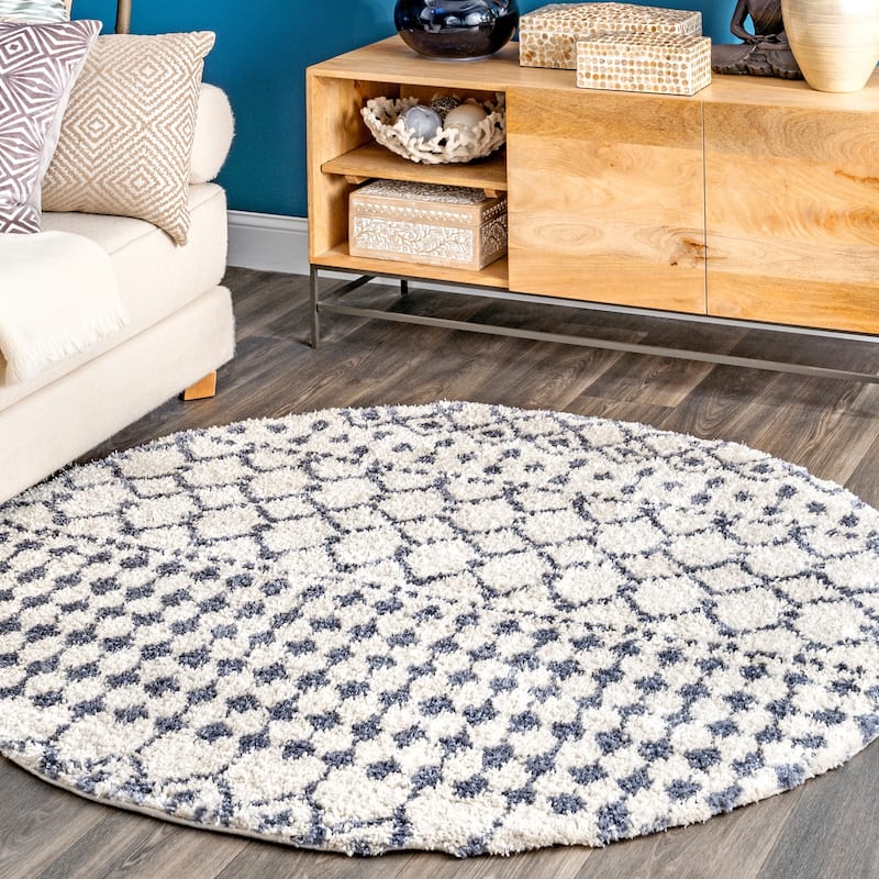 Nuloom Beige Geometric Moroccan Trellis Shag Rug - 5'3" Round - Beige - Round