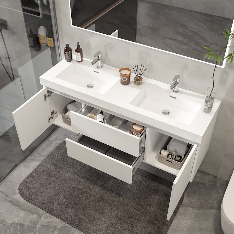 Vanity Art 60-Inch Double Sink Wall Hung Bathroom Vanity Set White Stone Top Glossy Finish with Sensor Switch