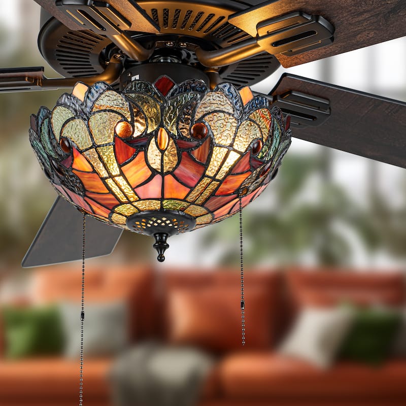 52" W Halston Indoor Tiffany Stained Glass Oil Rubbed Bronze Ceiling Fan with Remote Control