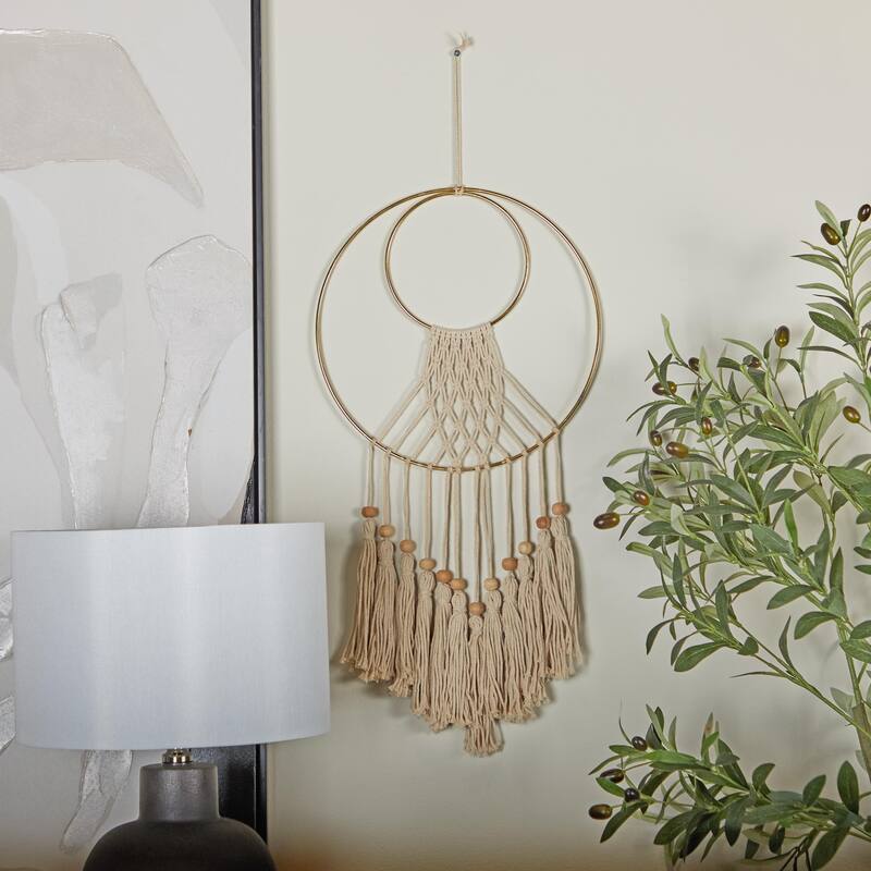 Cotton Fabric Macrame Handmade Home Wall Decor with Wood Beads and Gold Circular Frame - Cream - Roche River Decor