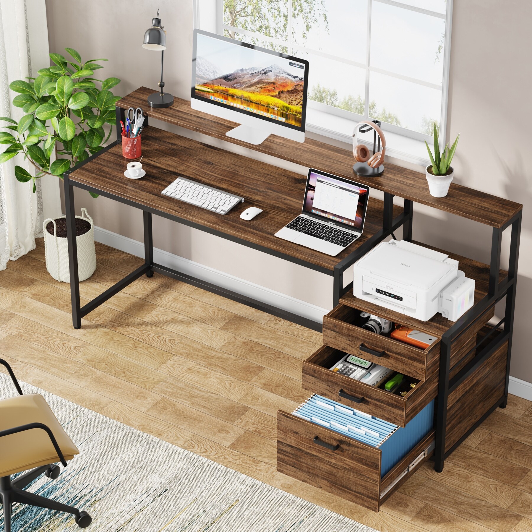 63 Inch Computer Desk with File Drawers, Ergonomic Office Desks