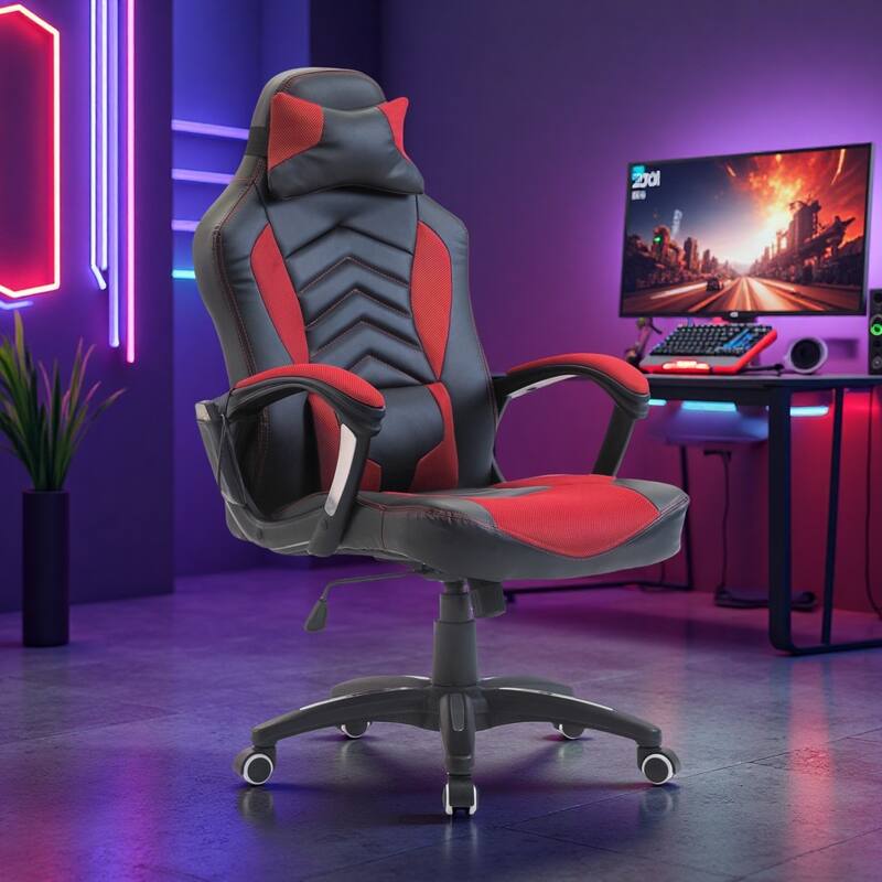 Faux Leather Gaming Chair with 6-Point Massage, Heating and 135° Recline - Red