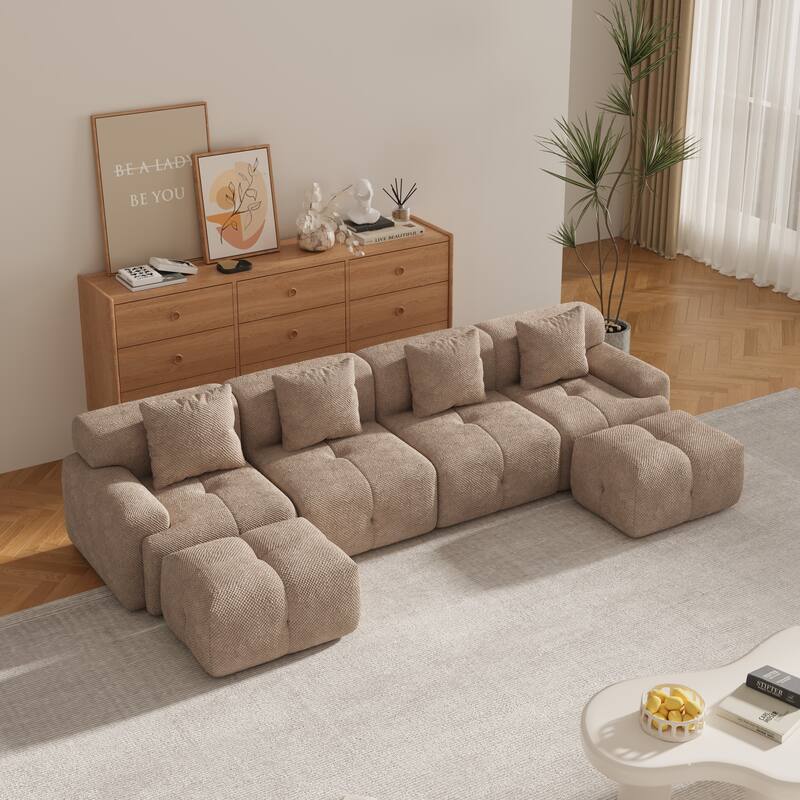 Roomfitters U Shaped Modular Sectional Sofa Bed Chaise, 6-Piece Cloud Tufted Floor Couch with 2 Ottomans and 4 Pillows