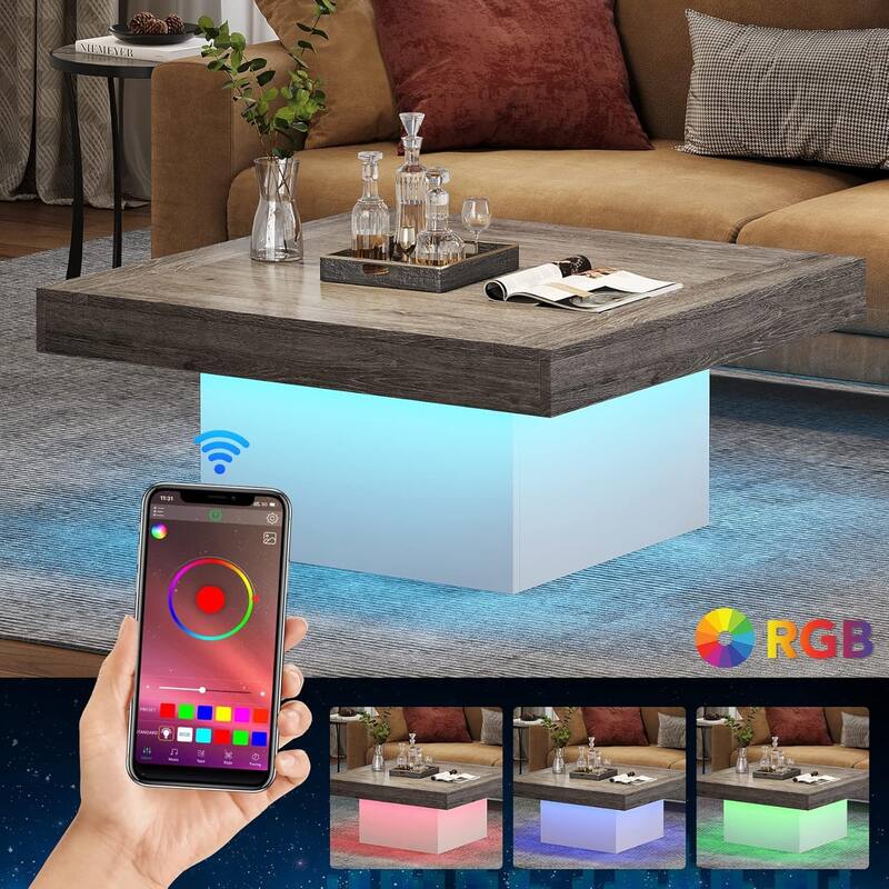 Modern Square LED Coffee Table, Low Center Table with Built-In Light for Living Room
