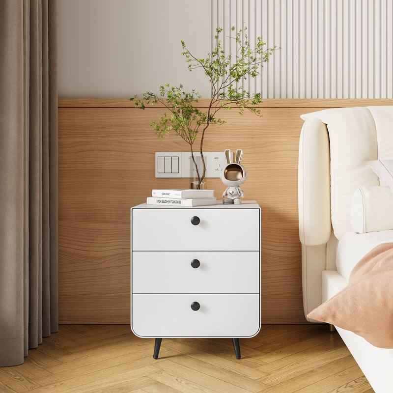 Modern Steel Nightstand with 3 Drawers - White
