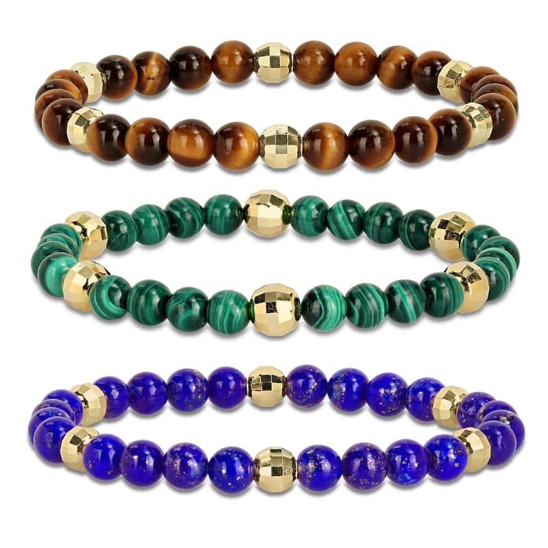 Miadora Yellow Silver Lapis Malachite and Tiger Eye Bead Bracelet 3 or 4 Piece Set - Three