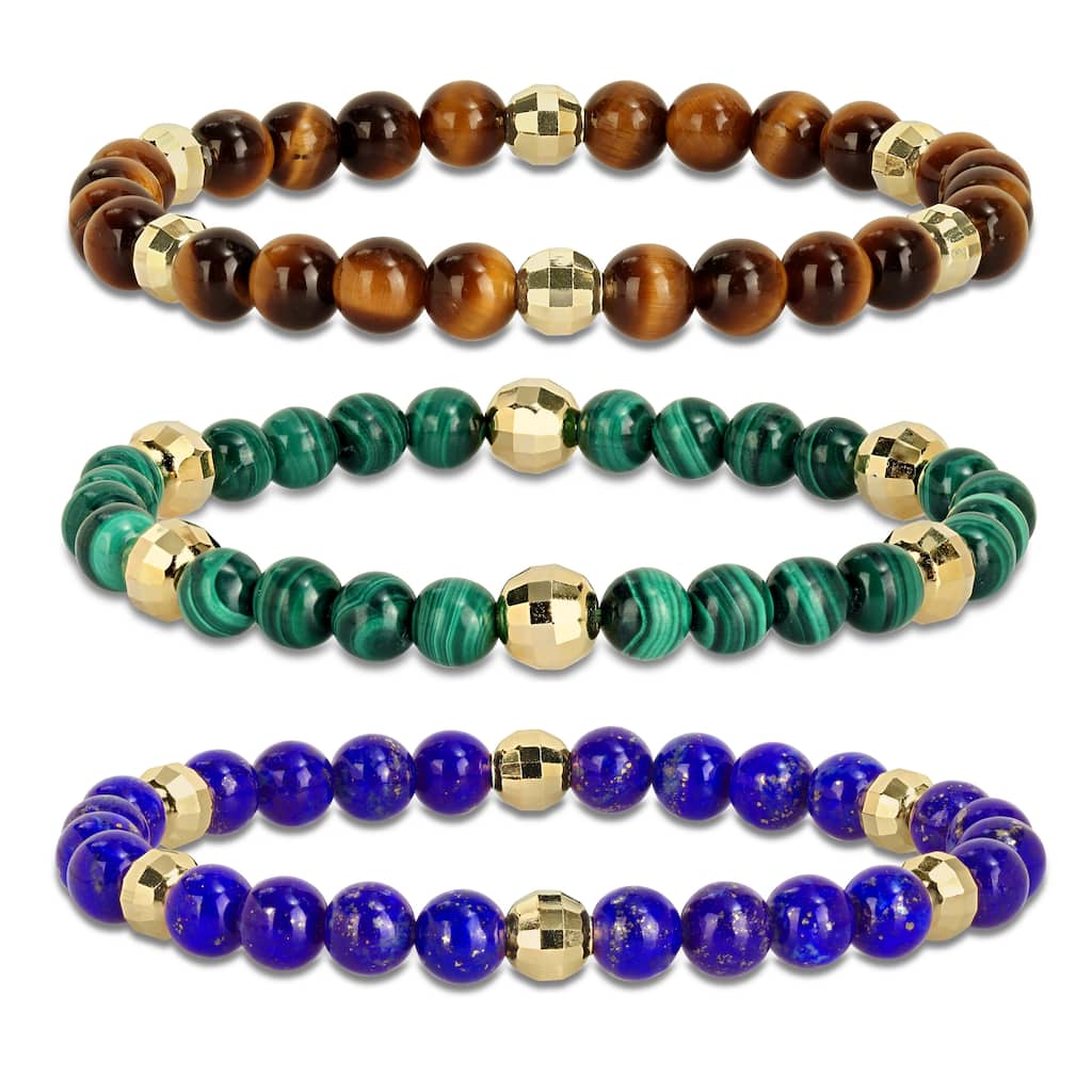 Miadora Yellow Silver Lapis Malachite and Tiger Eye Bead Bracelet 3 or 4 Piece Set