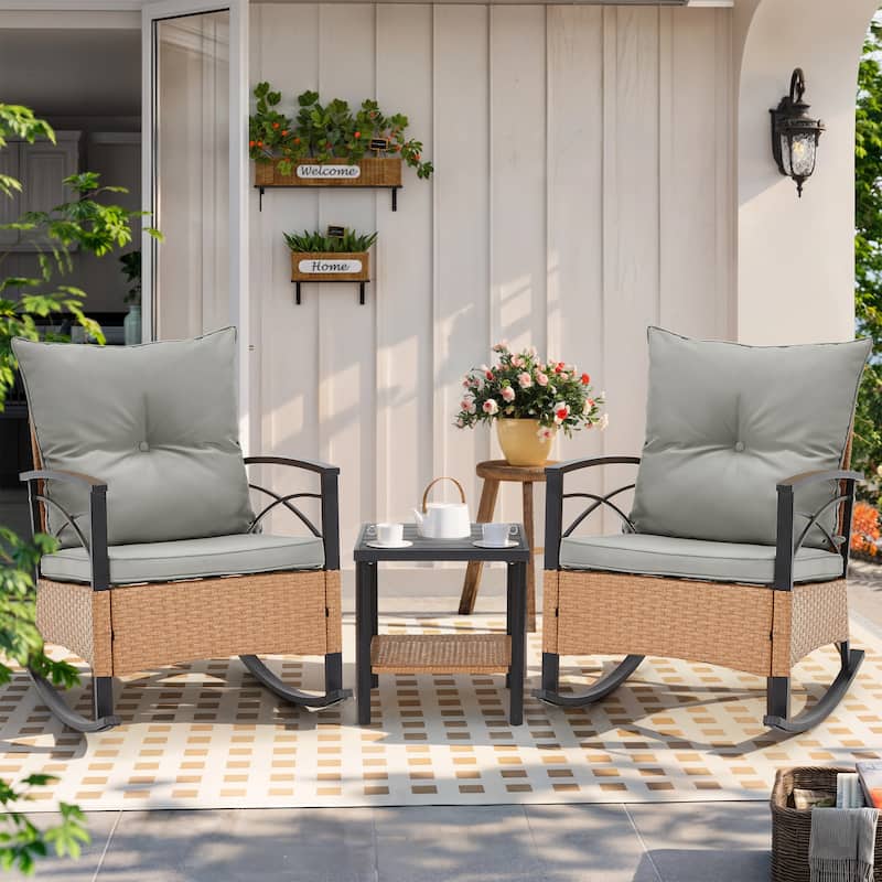 EROMMY 3-Piece Outdoor Rocking/Swivel Chair Set - PE Rattan Patio Furniture with Cushions & Coffee Table, Rocker Chairs - Rocking Chair - Grey