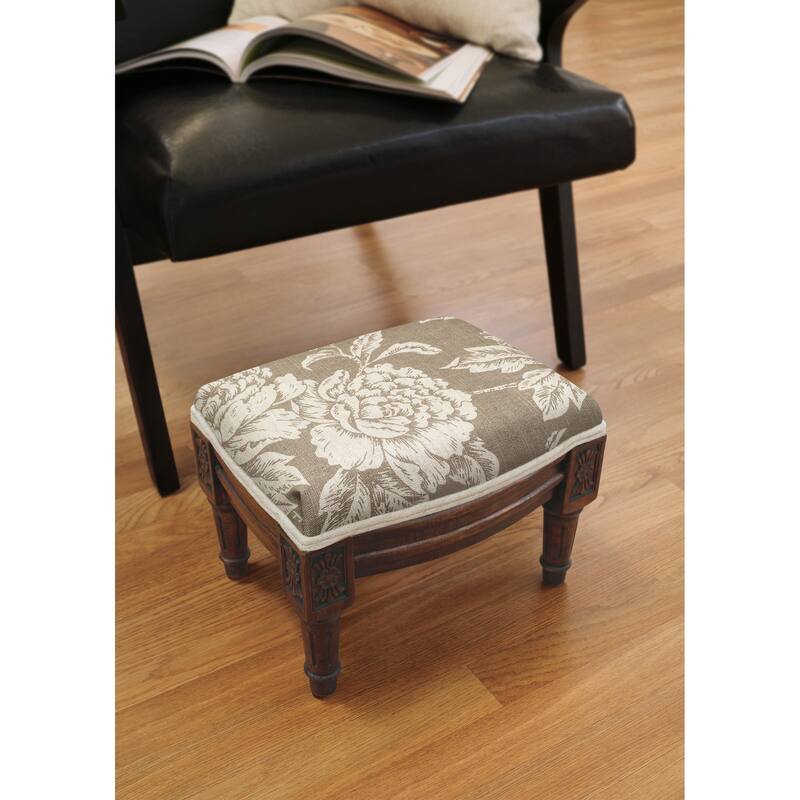 Taupe Peony Footstool with wood stained finish