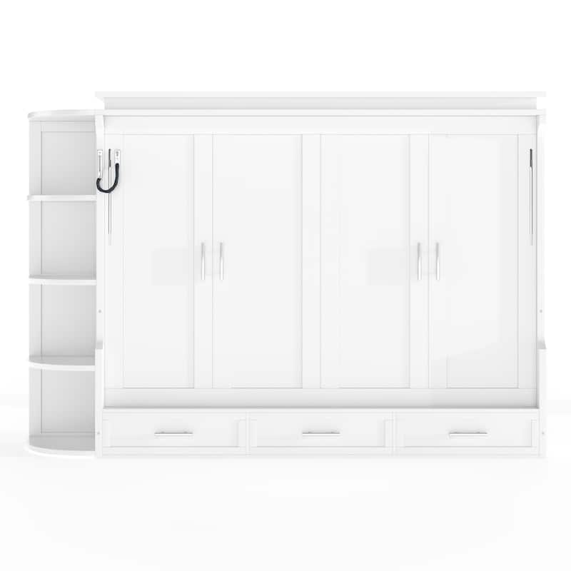 Murphy Platform Bed with Side Cabinets & Drawers, Wall Bed with Shelf for Home Office, Queen or Full