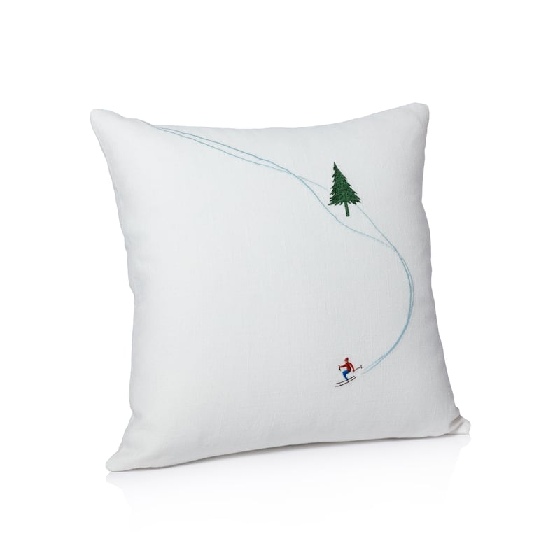 Ski Mountain Winter Scene Cotton Embroidered Throw Pillow, 16" x 16" - Downhill Skier