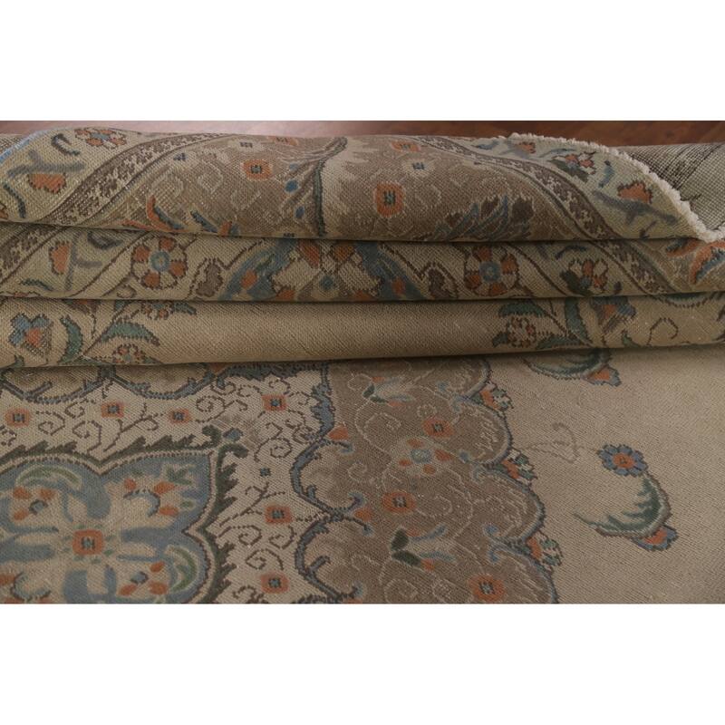 Hand Knotted Oriental 100% Wool Carpet Traditional Medallion Beige & Ivories Tabriz Area Rug - 12' 7'' X 9' 10''