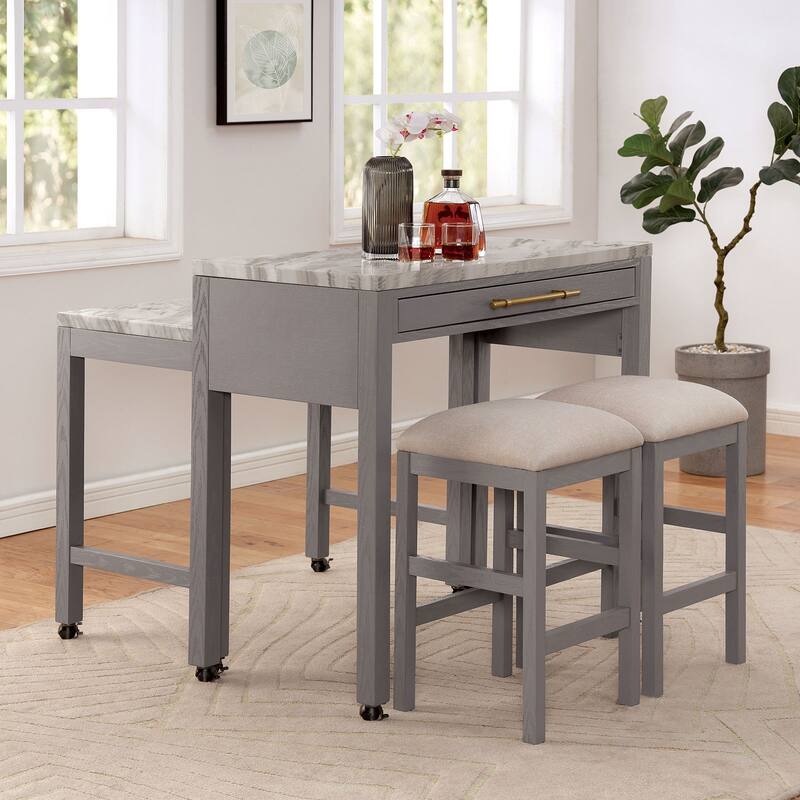 Rustic 3pc Dining Set Counter Height Dining Table w Storage drawer Faux Marble Top 2x Stools Light Gray Dining Room Furn