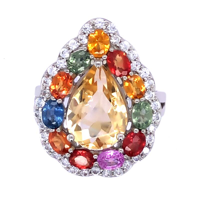 Sterling Silver Citrine, Multi Sapphire Gemstone Solitaire Ring