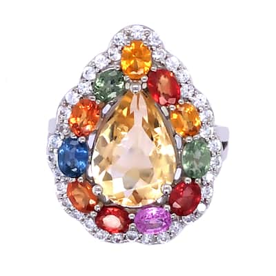 Sterling Silver Citrine, Multi Sapphire Gemstone Solitaire Ring