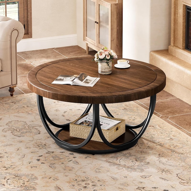 35.4" Round Wooden Circle Accent Cocktail Table with Storage Shelf - 35.4"L x 35.4"W x 17.3"H
