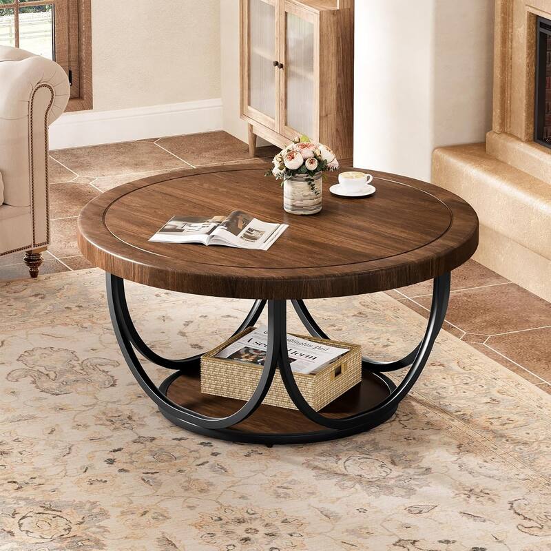 Round Coffee Table with 2 Tiers, 35.4" Wooden Circle Table with Storage Shelf for Living Room, Brown & Black