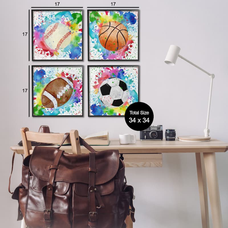 Stupell Rainbow Splatter Baseball Framed Giclee Art Design By Kim Allen (Set of 4)