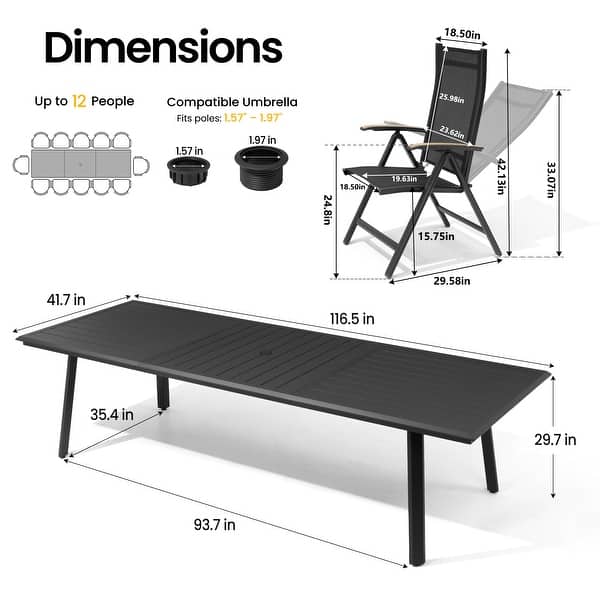 dimension image slide 1 of 6, 9/11/13-Piece Outdoor Patio Dining Set All-Weather Aluminum Dining Table with Umbrella Hole and Adjustable Folding Chairs